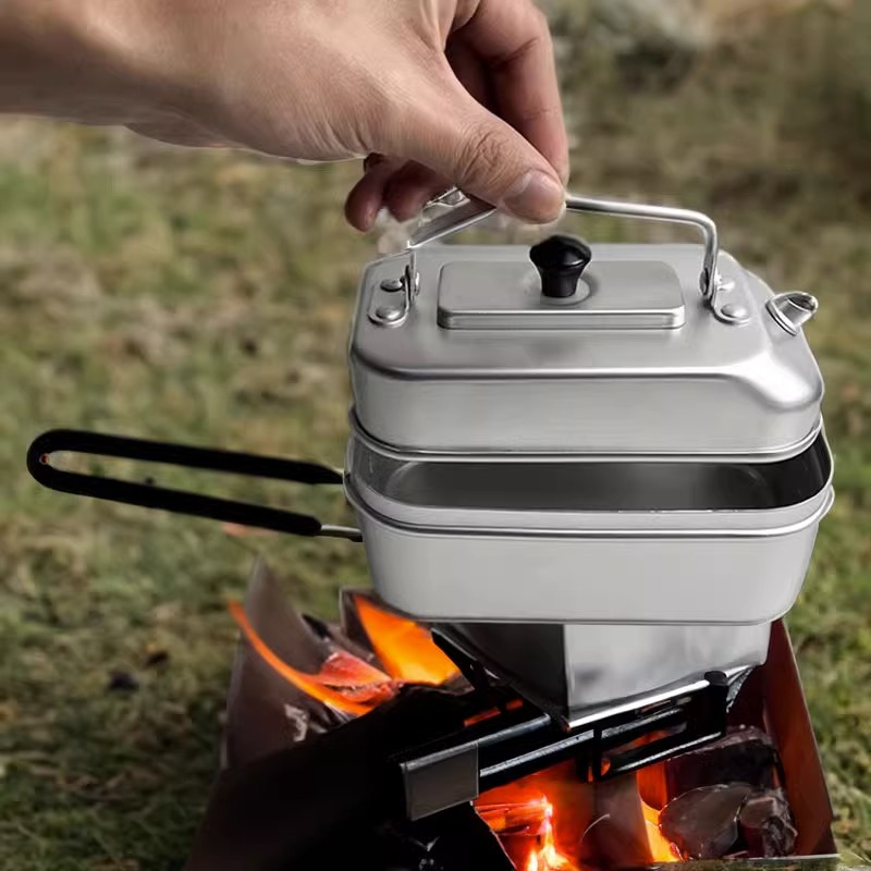 Camping Cooking Set Stainless Steel - Bouilloire Portable Ultralégère pour Pique-Nique, Camping,
